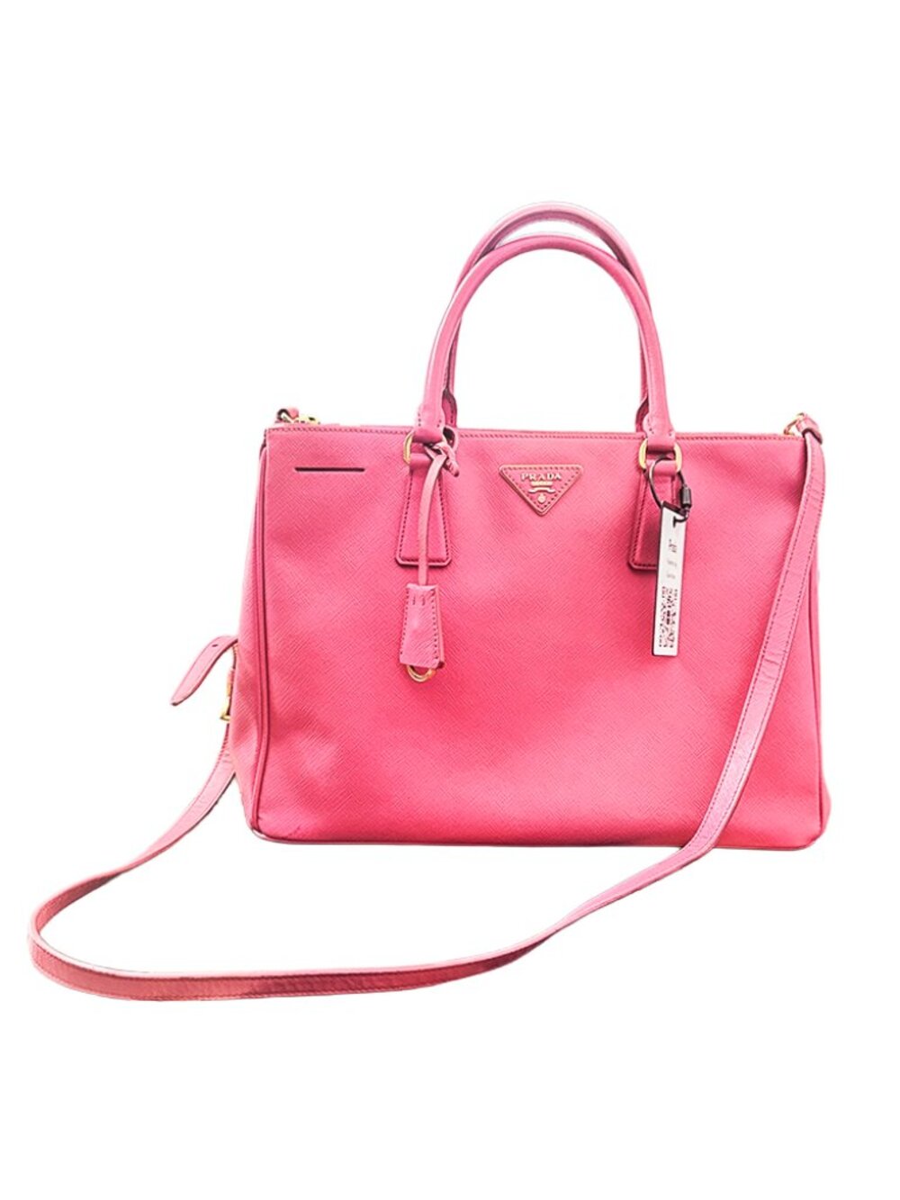 Prada Saffiano Lux Medium Double Zip Tote Peonia Leather Bag with Strap
